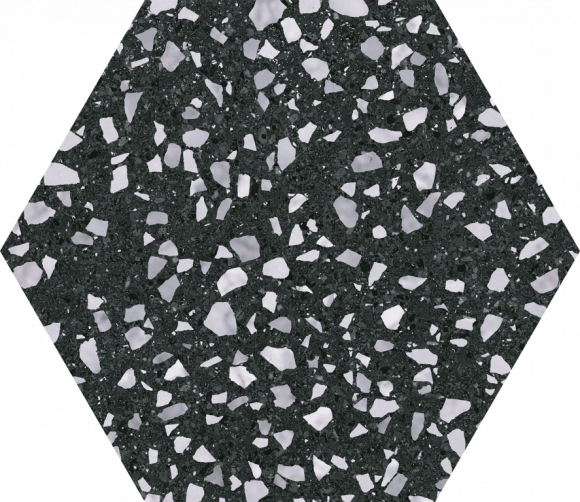 Terrazzo dlažba/obklad hexagon Černá, Bílá 25cm 